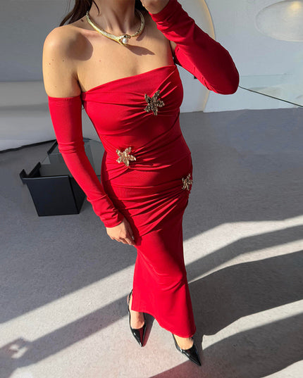 Damen plissiertes Langarmkleid modisches Slim-Kleid