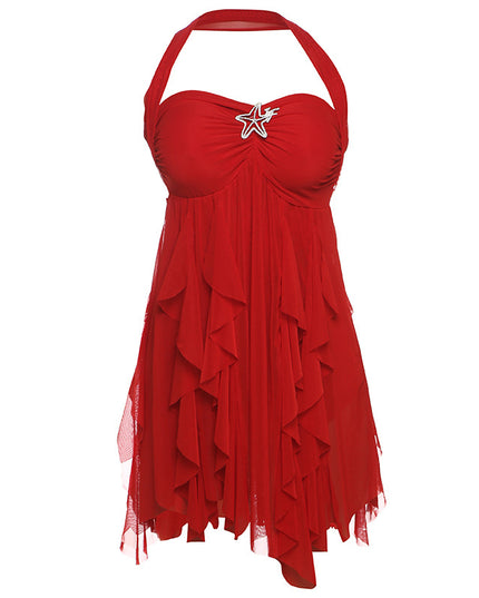 Ins Neckholder Rückenfreies Kleid Sommer Sexy Bedruckte Unregelmäßige Mesh Kurze Kleider Für Abend Party Club Damenbekleidung