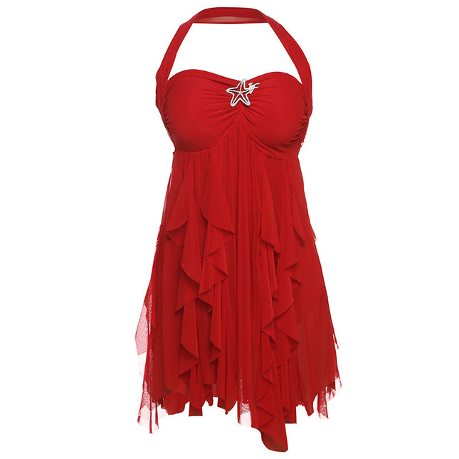 Ins Neckholder Rückenfreies Kleid Sommer Sexy Bedruckte Unregelmäßige Mesh Kurze Kleider Für Abend Party Club Damenbekleidung