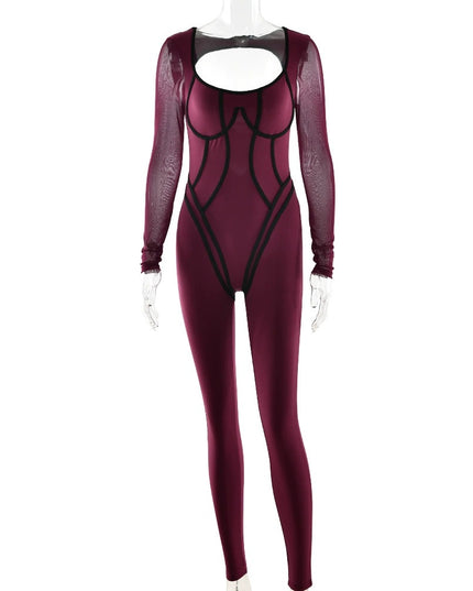 Dam helfärgad, högelastisk, åtsittande långärmad sportjumpsuit