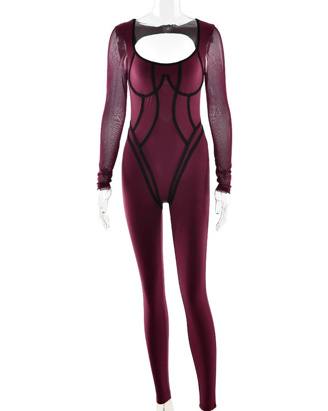 Dam helfärgad, högelastisk, åtsittande långärmad sportjumpsuit