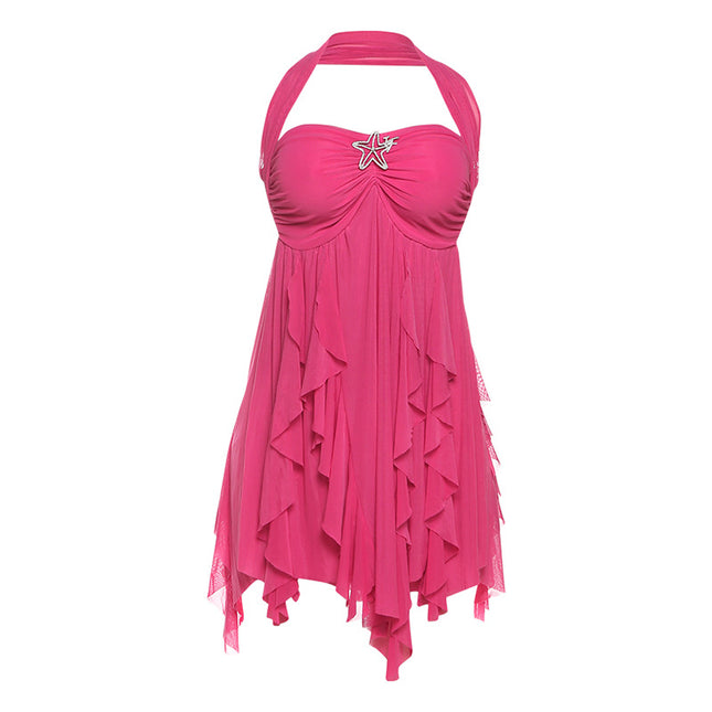 Ins Neckholder Rückenfreies Kleid Sommer Sexy Bedruckte Unregelmäßige Mesh Kurze Kleider Für Abend Party Club Damenbekleidung