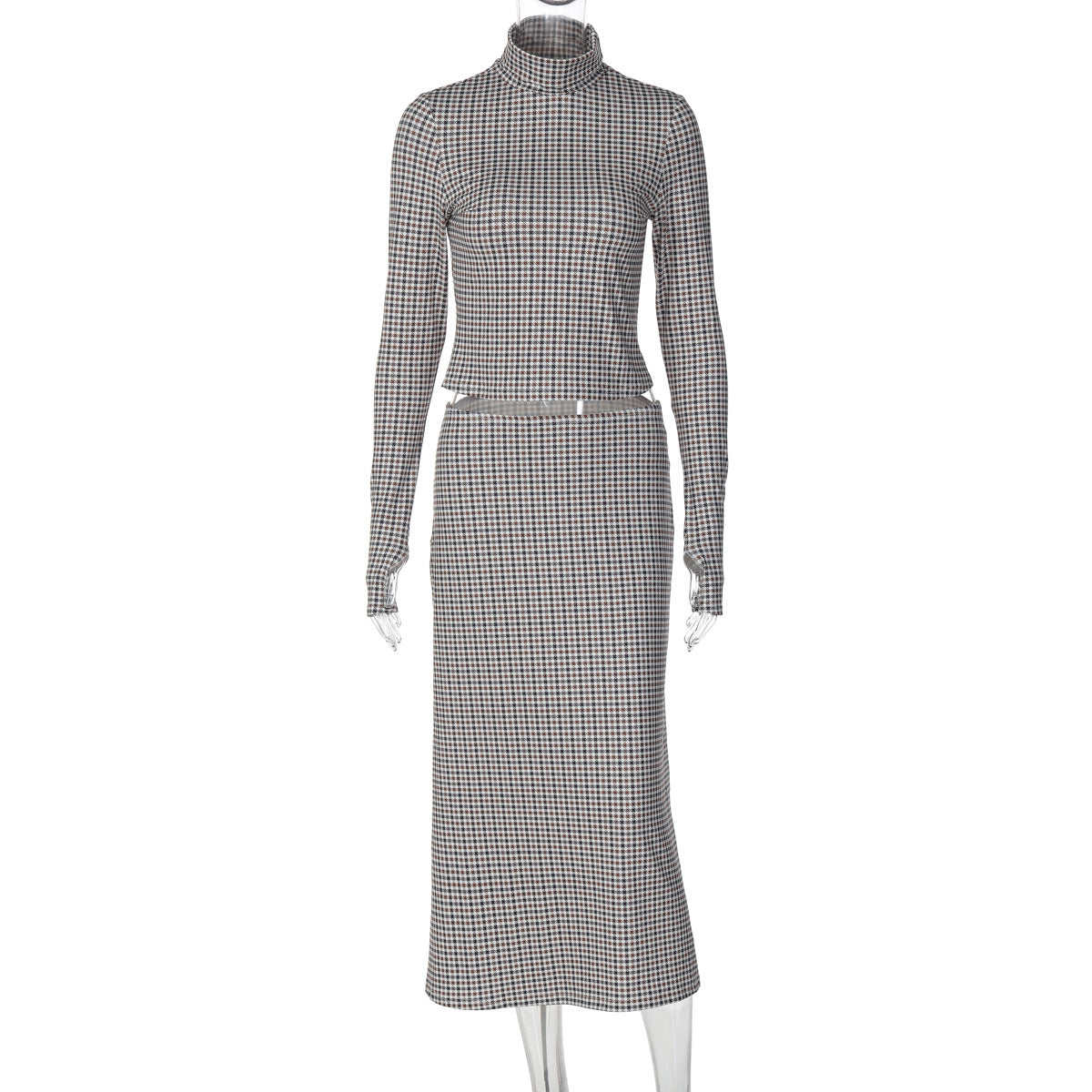 Fashion Plaid Print Long-sleeve Stand Collar Top Slim Fit Versatile Long Skirt Set