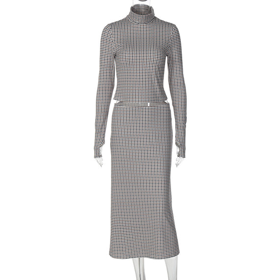Fashion Plaid Print Long-sleeve Stand Collar Top Slim Fit Versatile Long Skirt Set