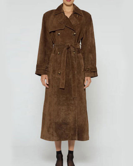 Double Breasted Lapel Shift Coat With Belt Fashion Vintage Suede Long Coat Winter Outwear Women's Clothing