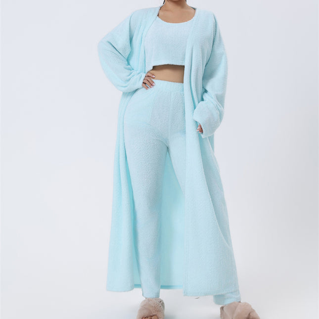 Mysigt pyjamas-set, loungewear-set i 3 delar, gulliga myskläder, varma kostymset, matchande set, lounge-set, byxset i 3 delar, vinterklänning för kvinnor