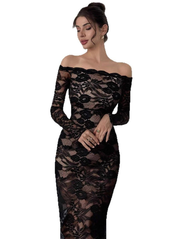 Damen Sexy Schwarzes Trägerloses Spitzen-Maxikleid