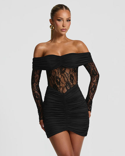 Damen schulterfreies Mini-Etuikleid mit Spitzen-Patchwork