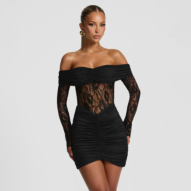 Damen schulterfreies Mini-Etuikleid mit Spitzen-Patchwork