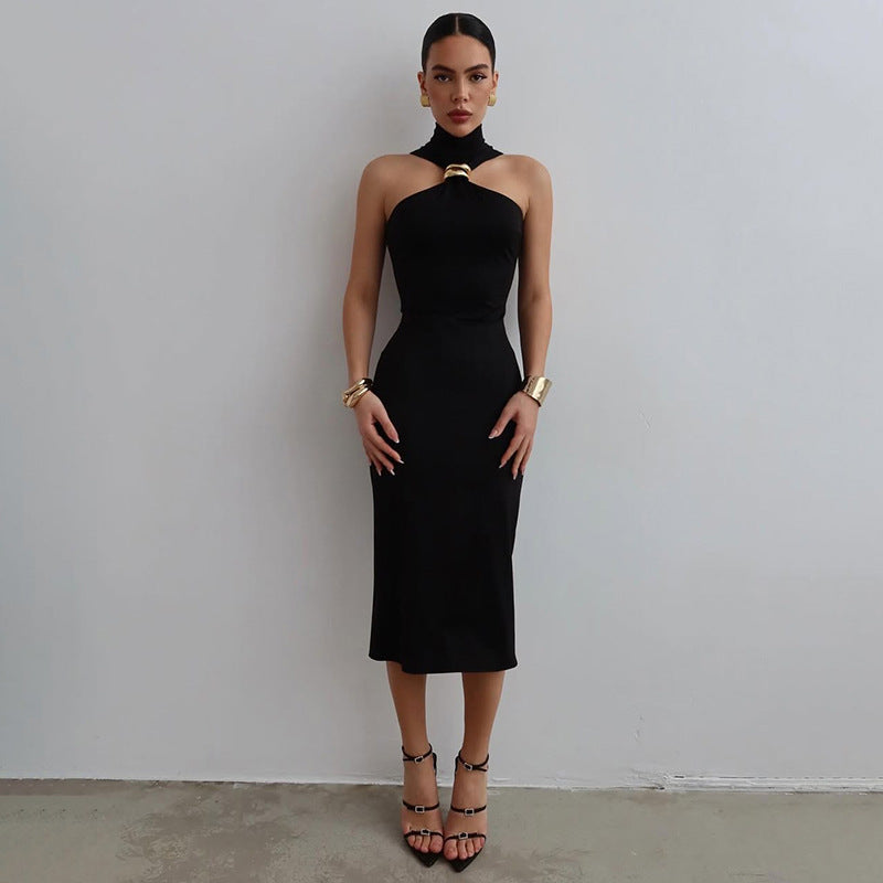 Summer New Women's Sexy Hot Girl Turtleneck Solid Color Dress