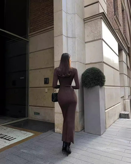 Elegant Knitted Turtleneck Striped Sweater Dress