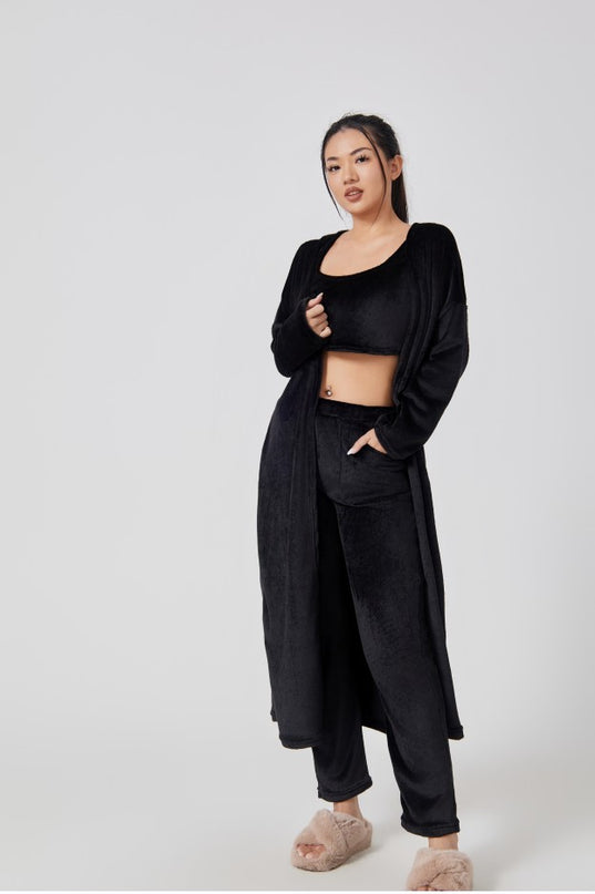 Mysigt pyjamas-set, loungewear-set i 3 delar, gulliga myskläder, varma kostymset, matchande set, lounge-set, byxset i 3 delar, vinterklänning för kvinnor