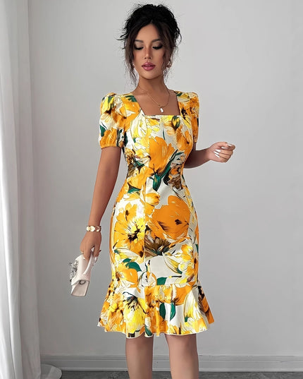 Damen Retro-Kleid mit eckigem Ausschnitt, Puffärmeln, Taillenbetonung und Rüschensaum
