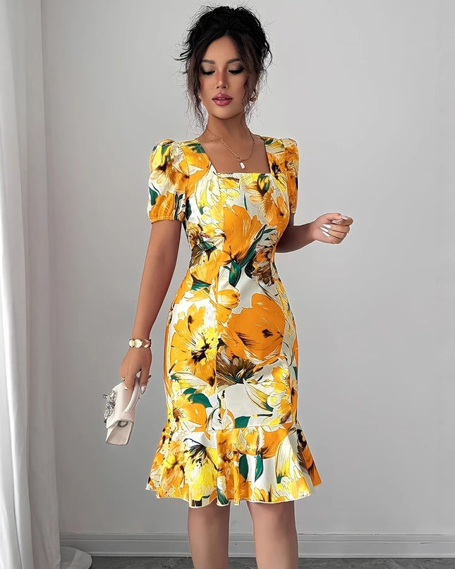 Damen Retro-Kleid mit eckigem Ausschnitt, Puffärmeln, Taillenbetonung und Rüschensaum
