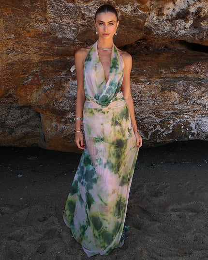 2pcs Tie Dye Printing Deep V-neck Suits Fashion Halter Backless Long Dresses For Beach Party Womens Clothing