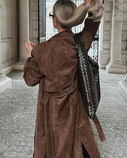 Double Breasted Lapel Shift Coat With Belt Fashion Vintage Suede Long Coat Winter Outwear Women's Clothing