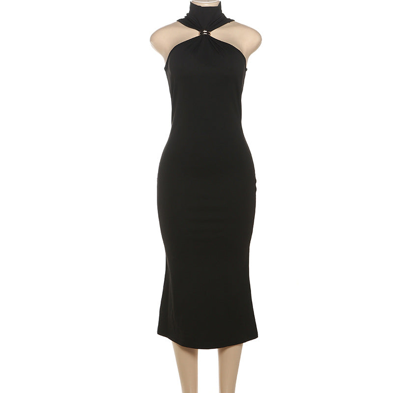Summer New Women's Sexy Hot Girl Turtleneck Solid Color Dress