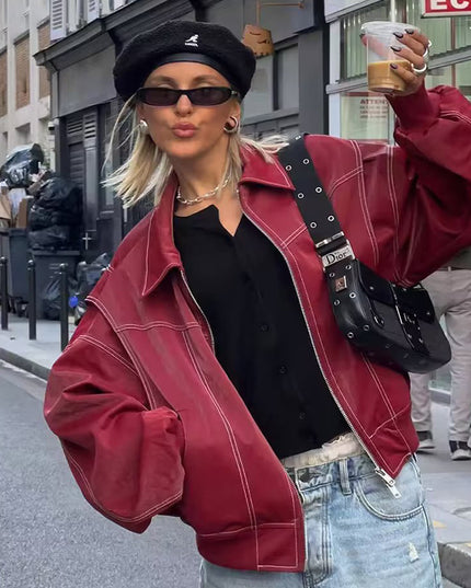 Schicke Biker-Reißverschlussjacke für Damen – Stilvolles Reversdesign & Lange Ärmel