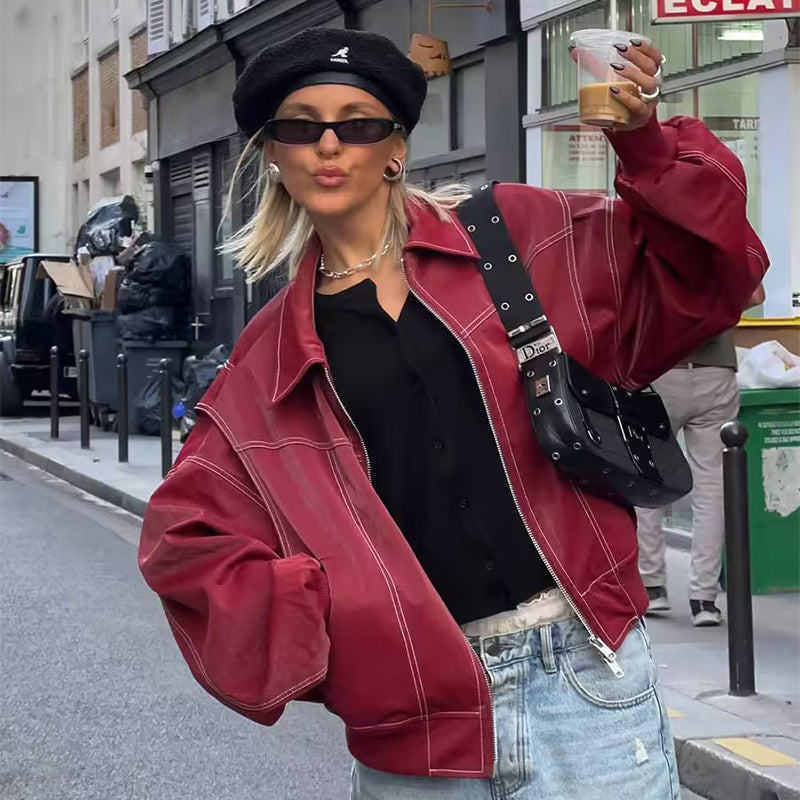 Chic Biker Zip-Up Jacket for Women - Stylish Lapel Design & Long Sleeves