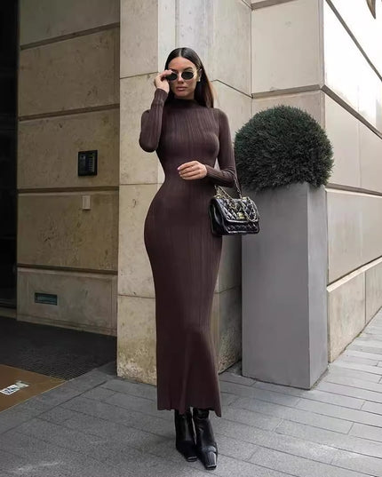 Elegant Knitted Turtleneck Striped Sweater Dress