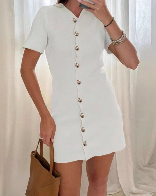 Einfarbiges Strickkleid für Damen mit Metallknöpfen, Sommer