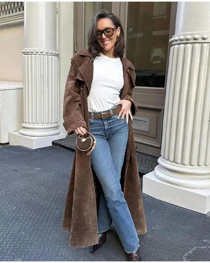 Double Breasted Lapel Shift Coat With Belt Fashion Vintage Suede Long Coat Winter Outwear Women's Clothing