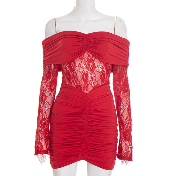 Women's Off-the-Shoulder Lace Patchwork Sheath Mini Dress