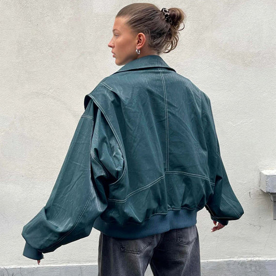 Chic Biker Zip-Up Jacket for Women - Stylish Lapel Design & Long Sleeves