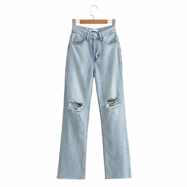 Fashion Denim Ripped Distressed Jeans Woman High Waist Flare Pants Bottom Streetwear Trousers Pants Jeans Ladies
