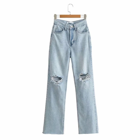 Fashion Denim Ripped Distressed Jeans Woman High Waist Flare Pants Bottom Streetwear Trousers Pants Jeans Ladies