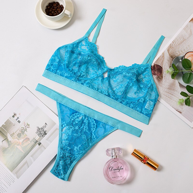 Women Lingerie Sets Sexy Solid Transparent Floral UnderWire Lace Bra Fashion See Through Patchwork Briefs