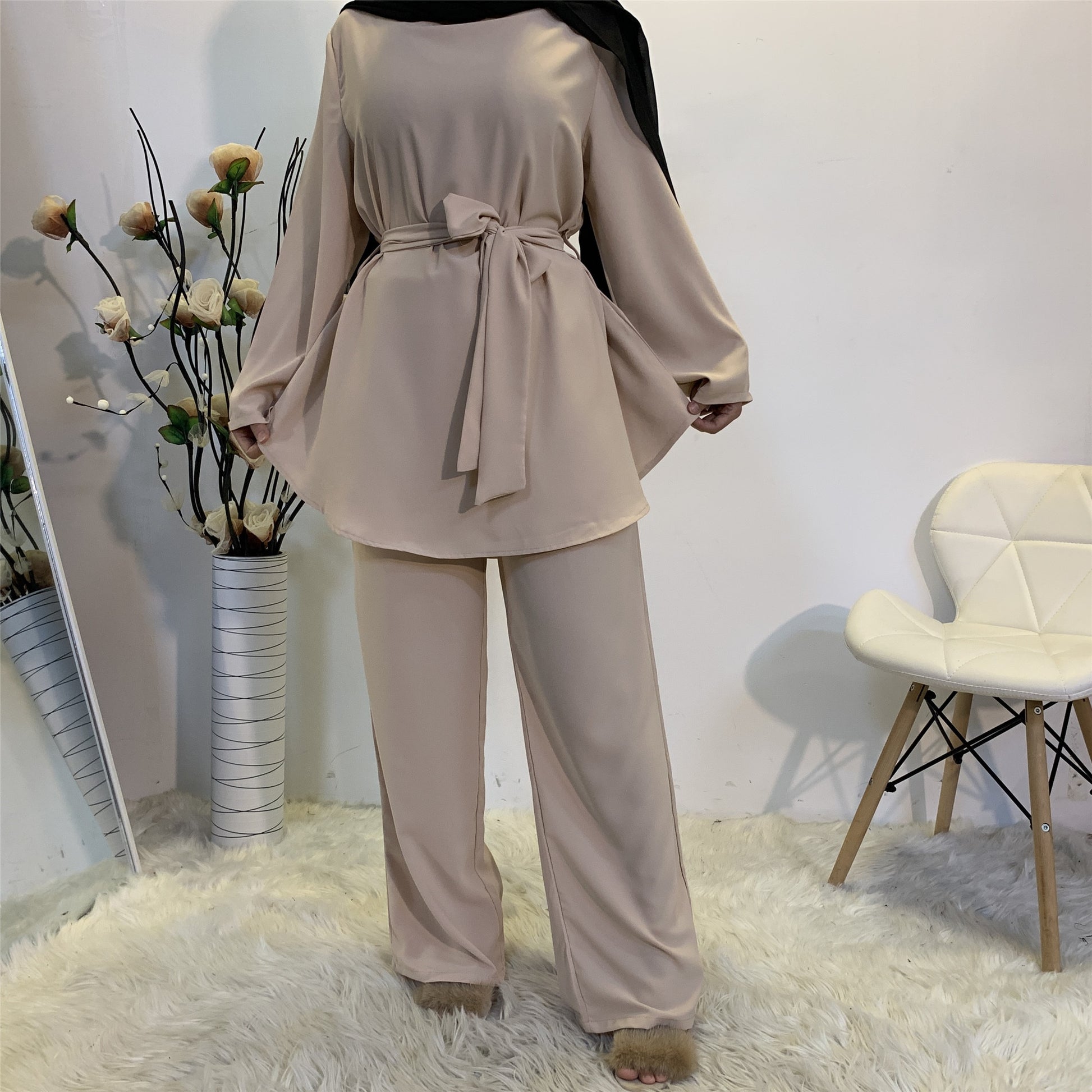 2 Pieces Dubai Abaya Hijab Muslim Dress Women Kaftan Islamic Clothing Grote Maten Dames Kleding Ensemble Femme Musulmane