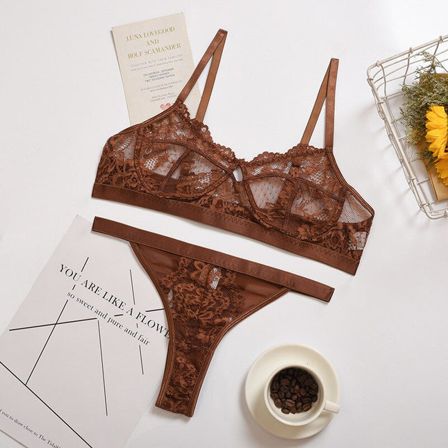 Damunderklädesset Sexiga Enfärgade Transparenta Blommor Bygel Behå Mode Genomskinliga Patchwork-trosor