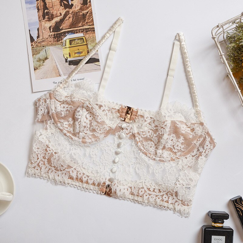 Button White Lace Bralette Sexy Backless Crop Tops Women  Sleeveless Summer Cropped Feminino Tops Underwear