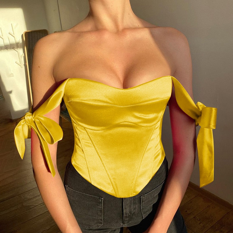 Elegant Satin Bow Tie Corset Top for Women Summer Fashion Sleeveless Backless Cropped Tops Club Party Clothes