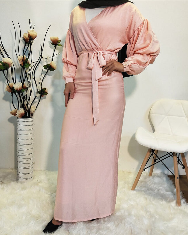 Bubble sleeves Muslim dress abayas irregular abaya dubai islamic 4 colors was thin abayas with belt