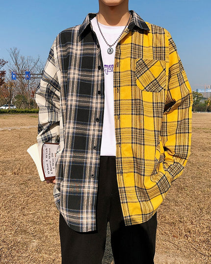 Men Oversized Cotton Plaid Shirt 2023 Man Hip Hop Patchwork Button Up Long Sleeve Shirt Couple Korean Harajuku Clothing