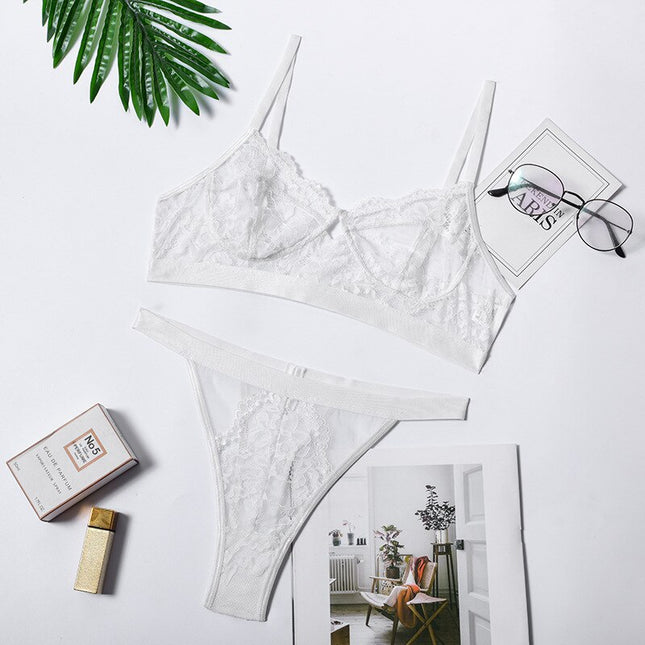 Damunderklädesset Sexiga Enfärgade Transparenta Blommor Bygel Behå Mode Genomskinliga Patchwork-trosor