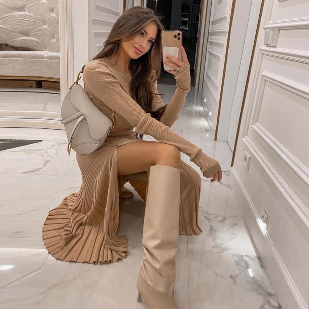 Solid Sexy Sweater Cropped Top Midi Skirt Two Piece Set Women Matching Set Outfits Button Up Split Skirts Winter