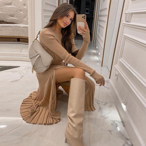 Solid Sexy Sweater Cropped Top Midi Skirt Two Piece Set Women Matching Set Outfits Button Up Split Skirts Winter