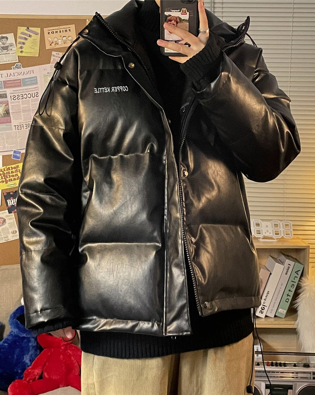 Men Solid Vintage Hooded Parkas Mens Leather Harajuku Streetwear Puffer Jacket Male Korean Fashion Winter Jacket