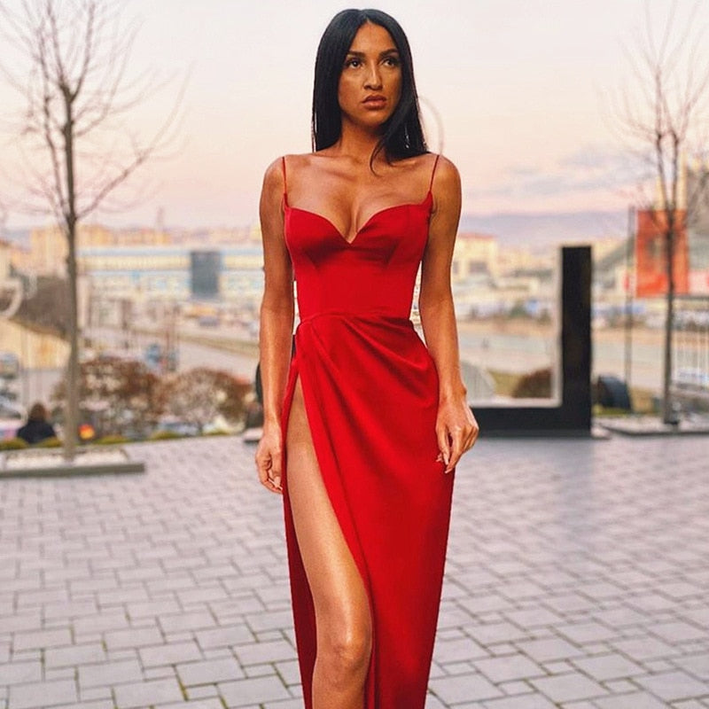 Spaghetti Straps Black Sexy Backless Midi Dresses Gown Party Club Sleeveless Bodycon Split Dress Vestidos Solid