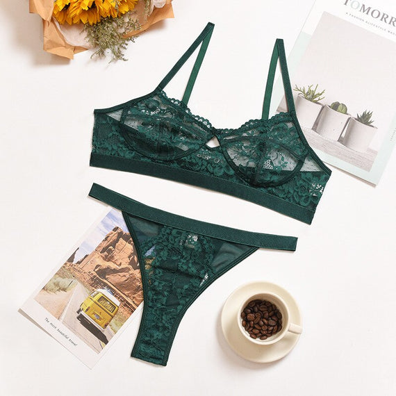 Women Lingerie Sets Sexy Solid Transparent Floral UnderWire Lace Bra Fashion See Through Patchwork Briefs