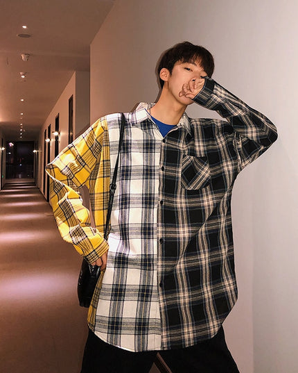 Men Oversized Cotton Plaid Shirt 2023 Man Hip Hop Patchwork Button Up Long Sleeve Shirt Couple Korean Harajuku Clothing