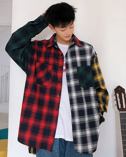 Men Oversized Cotton Plaid Shirt 2023 Man Hip Hop Patchwork Button Up Long Sleeve Shirt Couple Korean Harajuku Clothing
