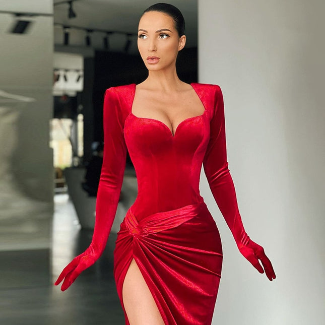 Elegantes Abendkleid Langarm Samt Schlitz Maxi-Kleid Geraffte Kleider für Damen Abend-Club-Outfits mit Handschuhen