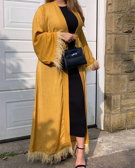 Maxi Dress Eid Djellaba Abaya Dubai Shiny Soft Silky Muslim Abaya Feather Stitching Muslim Dress Islam Abayas With Belt