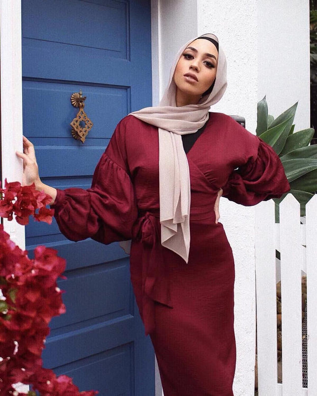 Bubble sleeves Muslim dress abayas irregular abaya dubai islamic 4 colors was thin abayas with belt
