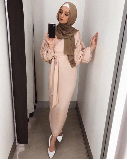 Bubble sleeves Muslim dress abayas irregular abaya dubai islamic 4 colors was thin abayas with belt