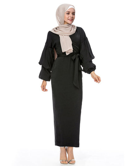 Bubble sleeves Muslim dress abayas irregular abaya dubai islamic 4 colors was thin abayas with belt